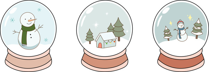 Cute snow globe doodle illustration collection set. Snowman inside of snow crystal ball in winter christmas season vector isolated for asset, design, poster, children