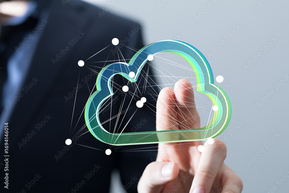 Poster secure cloud technology, data storage, network access, and digital transformation.