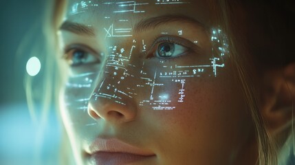 A female scientist is engaged exploring advanced, futuristic cyberspace filled with intricate digital data overlays that enrich her research and findings by showcasing complex patterns and information