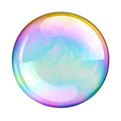Iridescent soap bubble isolated white background, swirling pastel colors, perfect for science, clean concepts, minimalism, or children’s themes.