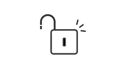 A white outline of an unlocked padlock is displayed against a solid black background in a simple design