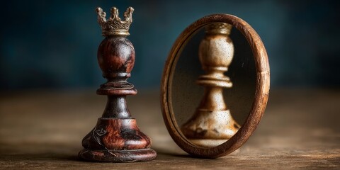 Conceptual chess metaphor depicting a piece seeing its reflection as a king, symbolizing ambition.