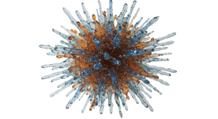 A vibrant, translucent abstract burst with fluid light and crystalline structures radiates outwards on a transparent studio background with soft lighting, concept of innovation and data intelligence