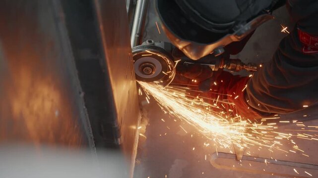 Grinding metal with an angle grinder producing sparks