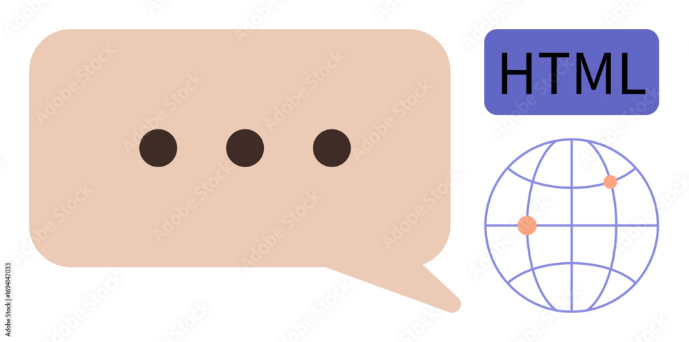 Aufkleber speech bubble with ellipsis, html tag, and globe symbolizing online messaging, coding, and global in