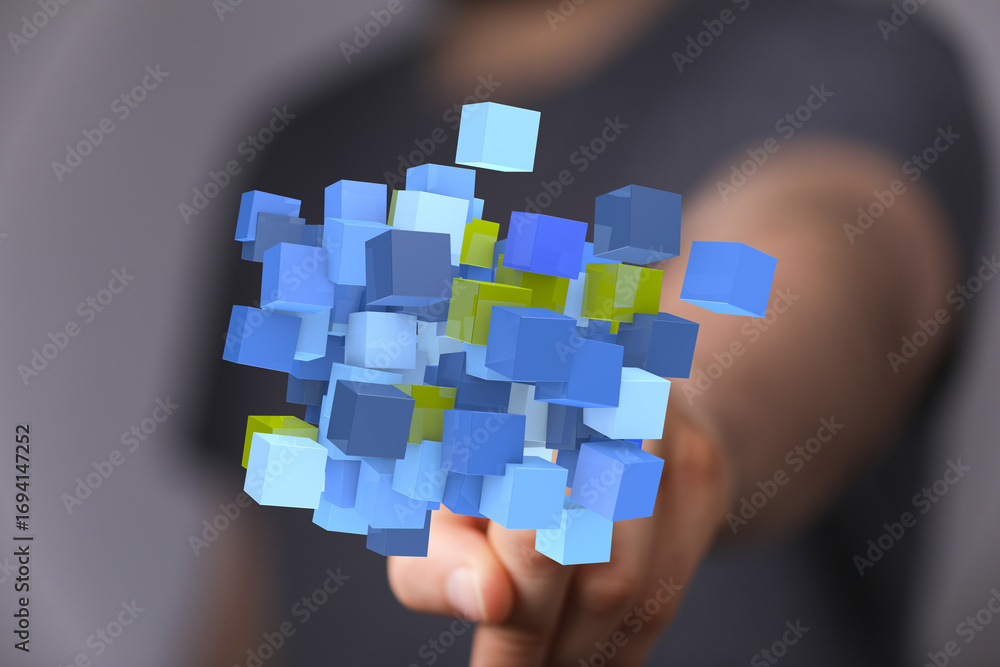 Poster abstract image of data cubes, representing digital transformation, connectivity, and big data.