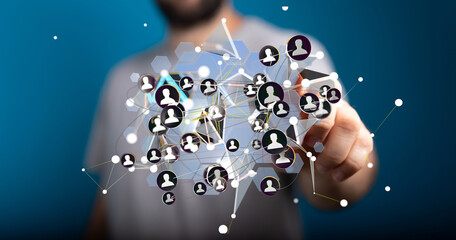 Man interacts with a digital network, representing social media, connections, and business networking.