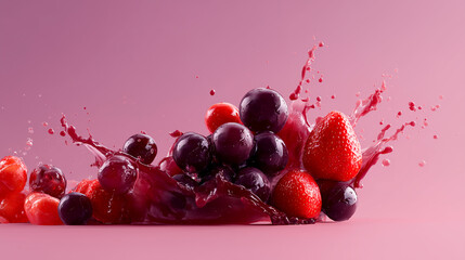 strawberries and grapes falling into grape juice
