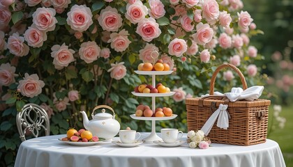 Elegant picnic setup with roses and fresh fruit for a charming outdoor brunch or romantic garden party
