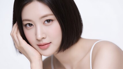 Naklejka premium 頬杖をついてカメラを見る女性のポートレート