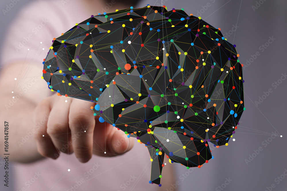 Poster abstract image of a human brain as a neural network. ideal for ai, technology, and neuroscience conc