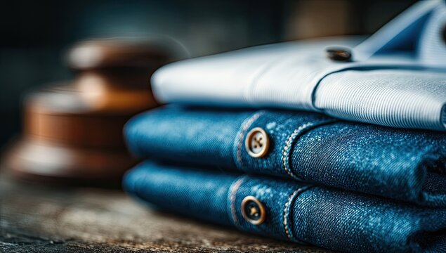 Stacked blue shirts and jeans on a wooden table