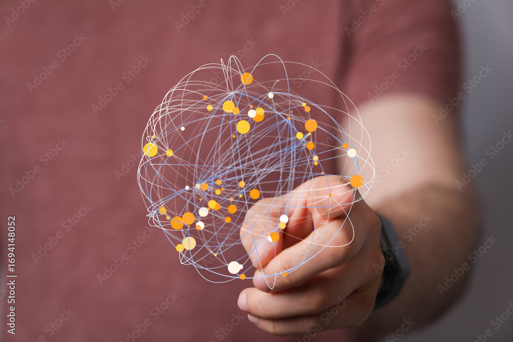 Poster hand interacting with a digital sphere, illustrating global network, connection, and data visualizat
