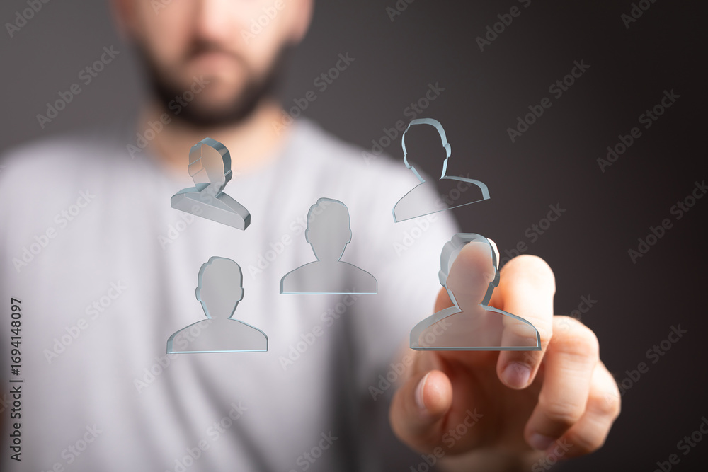 Poster person using digital interface to manage a network of contacts or team members.