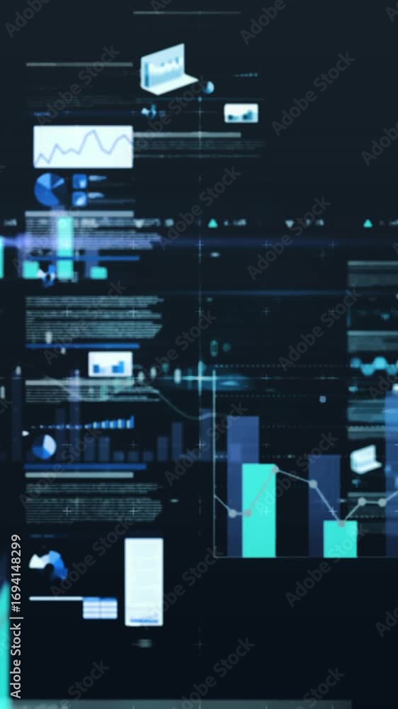Aufkleber animation of multiple graphs and trading board over lens flare against black background