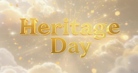 Commemorating World Heritage Day with a majestic golden text design, set against a backdrop of ethereal clouds and sparkling light