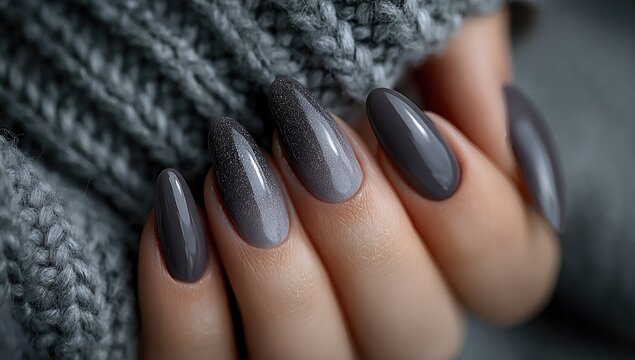 Close-up of manicured hands with stylish grey ombre nails