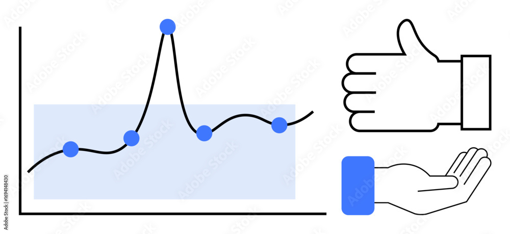Poster line graph with data points and highlighted trend, thumbs-up icon, supportive open hand gesture. ide