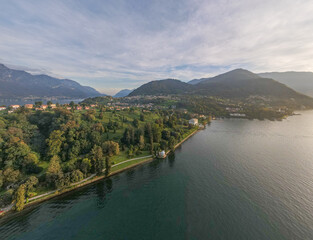 Aerial landscape of Bellagio villa and Lago di Como Lake in Italian Alps fall in Lombardy