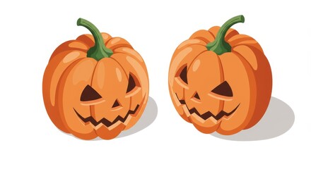 Two Halloween jack o lantern pumpkins on white background
