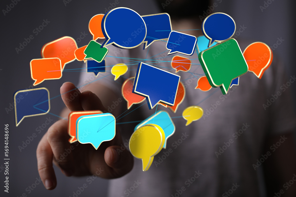 Poster Abstract image of interconnected speech bubbles, representing global communication and networking.