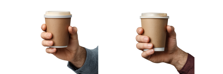 Dynamic coffee cups held by hands transparent background lifestyle scene neutral colors