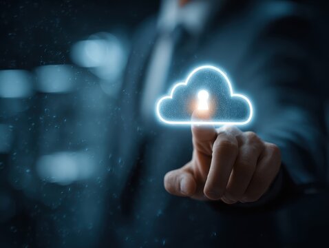 Using fingerprint scanning, the businessman accesses and unlocks the cloud data network. Cyber security and biometric identification protect business transactions from online cyber attacks - Powered by Adobe