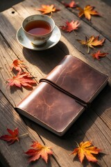 Vintage leather notebook with tea cup and fall foliage flatlay