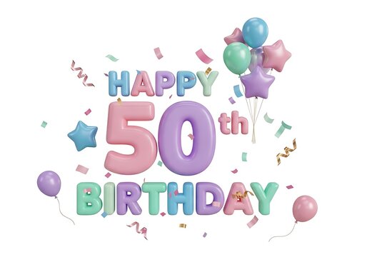 Happy 50th Birthday Typography with Balloons and Stars