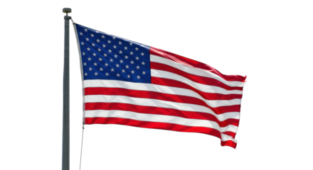 Pristine American flag with vibrant red, white stripes and blue canton with crisp stars, dynamically waving on minimalist dark flagpole against transparent background. Concept of national identity