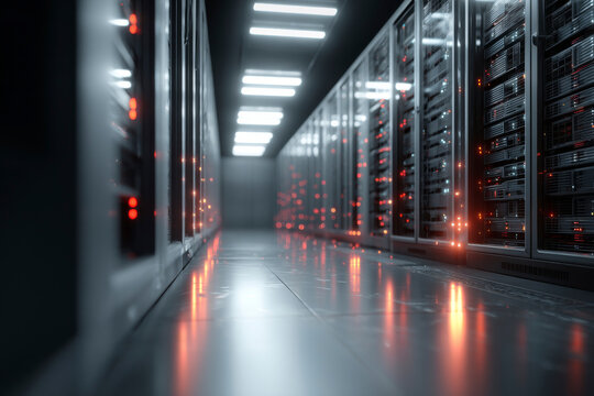 Server room with rows of interconnected computer servers. Interior view of a data center. Generative AI image