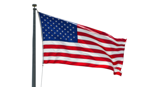 Pristine American flag with vibrant red, white stripes and blue canton with crisp stars, dynamically waving on minimalist dark flagpole against transparent background. Concept of national identity