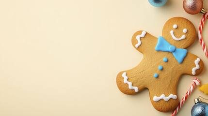 Naklejka premium Gingerbread man cookie with blue bowtie, festive decorations, and candy cane on light background, evoking holiday cheer