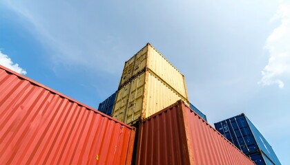 Fototapeta premium Red freight containers are stacked at a busy industrial port with a large shipping vessel in the harbor