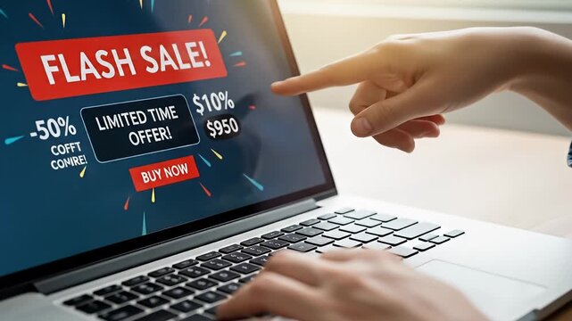 Hand interacts with flash sale on laptop screen, ready to buy now for savings