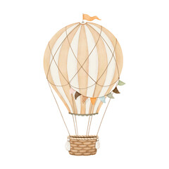 Balloon with wicker basket and garland, watercolor isolated element for cute design, symbol rest, travel or entertainment. Hand drawn illustration.