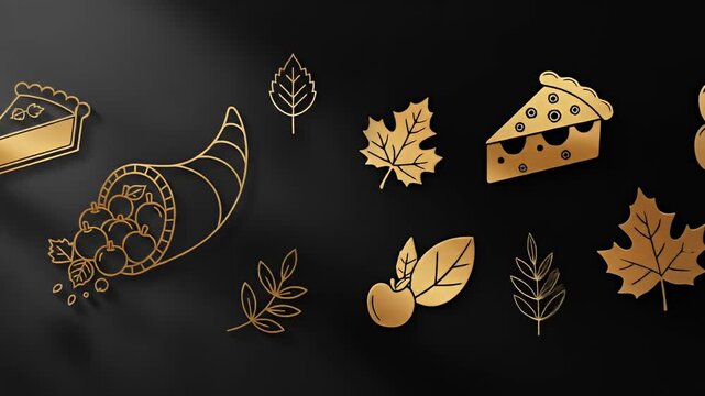 Golden holiday icons turkey, pies, leaves, apples, cornucopia, on black background