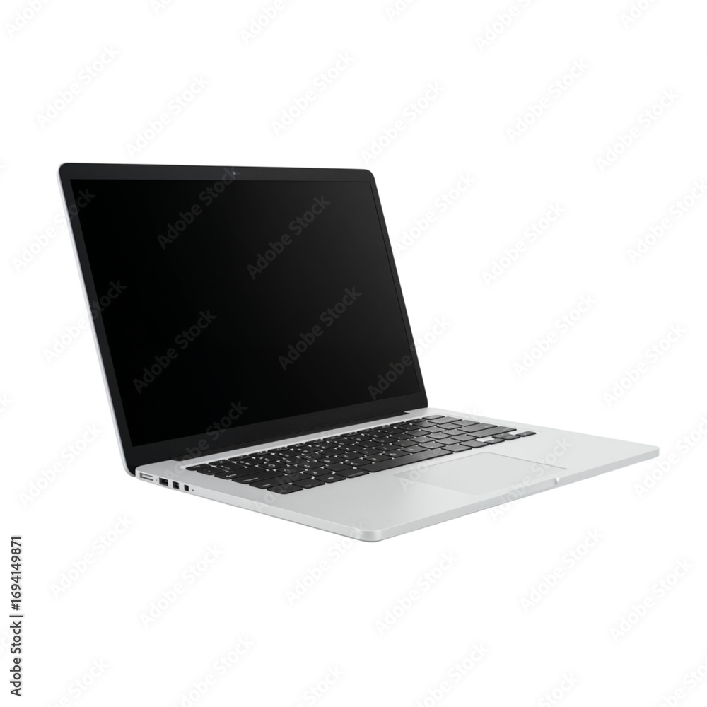 Poster sleek silver laptop computer open showing keyboard and screen on a studio black background transpare