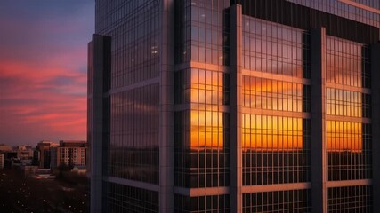 Striking sunset reflections in the glass facade of a modern skyscraper. - Powered by Adobe