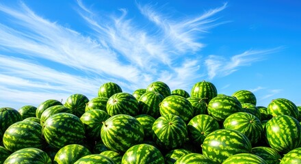 Pile of Watermelons Against a Blue Sky summer fruit ripe green clouds heap stack harvest agriculture farm food fresh healthy eating