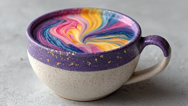 Vibrant rainbow latte art in a ceramic mug