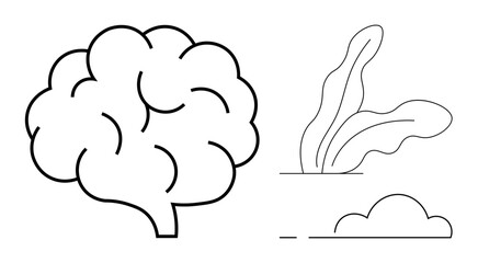 Abstract brain illustration with sleek plant leaves and a simple cloud. Ideal for cognitive growth, nature, sustainability, mental health, environment, innovation, education. Simple flat metaphor