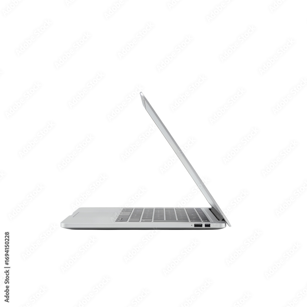 Poster sleek silver laptop computer open on a viewed from the side profile transparent background