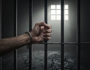 Man in Handcuffs Gripping Prison Bars in Jail Cell