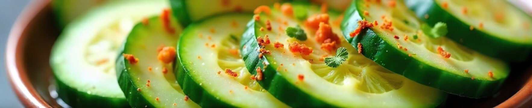 Close-up of sliced cucumbers generously sprinkled with a vibrant blend of aromatic spices, ready for a refreshing and flavorful culinary experience , healthy, cumin