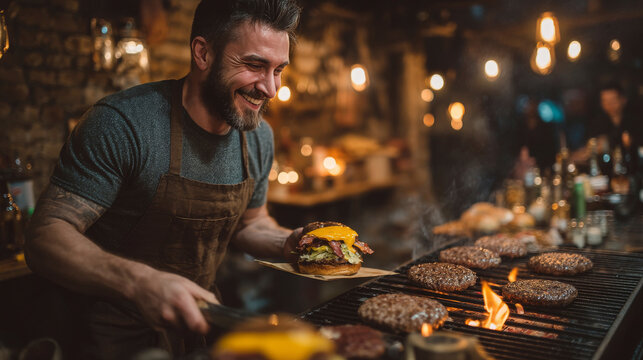 Male chef in his 30s, with a neatly groomed beard and short dark hair. He wears a brown apron over a gray t-shirt and smiling while bake burgers on the fire. Generative AI image - Powered by Adobe
