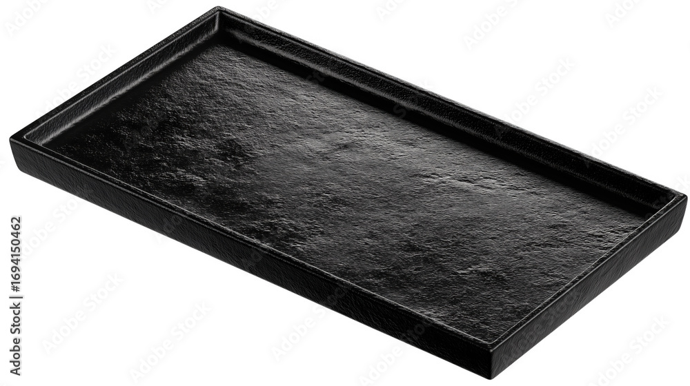 Poster a close up perspective of a textured black rectangular tray on transparent background