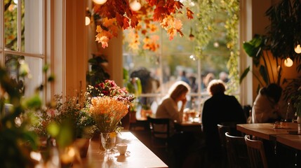 Cozy cafe filled with warm autumn colors and people enjoying their time in a bustling urban setting