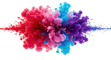 Photorealistic abstract dynamic burst of vibrant deep red, pink, blue, purple on a transparent background with copy space, expanding fluid shapes, high-key studio light, Concept of dynamic impact