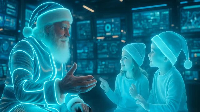 Holographic Santa Claus talks to children in futuristic digital room. festive joy with advanced hologram technology. Santa hologram in neon environment. sci-fi concept digital Christmas spirit.